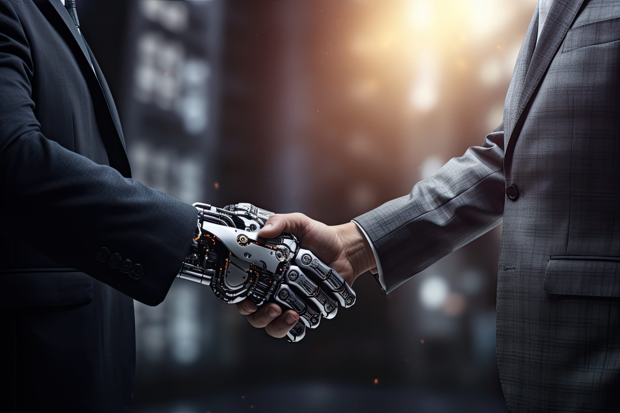 ロボットの手と握手する男性の写真
